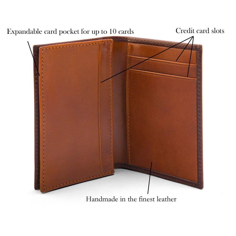 Expandable leather business card case, brown with tan, features