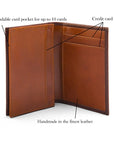 Expandable leather business card case, brown with tan, features