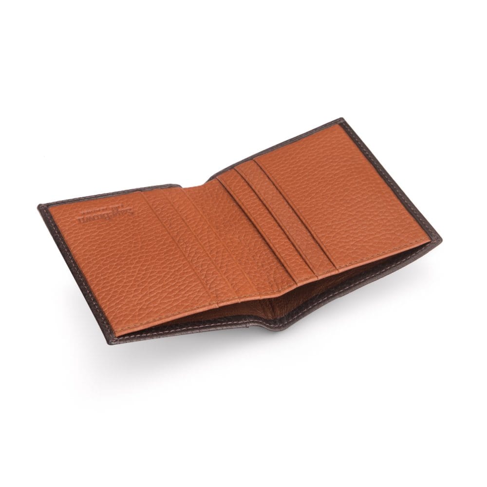 RFID leather wallet with 4 CC, brown with tan, inside