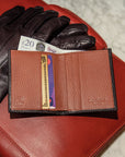 RFID leather wallet with 4 CC, brown with tan, lifestyle