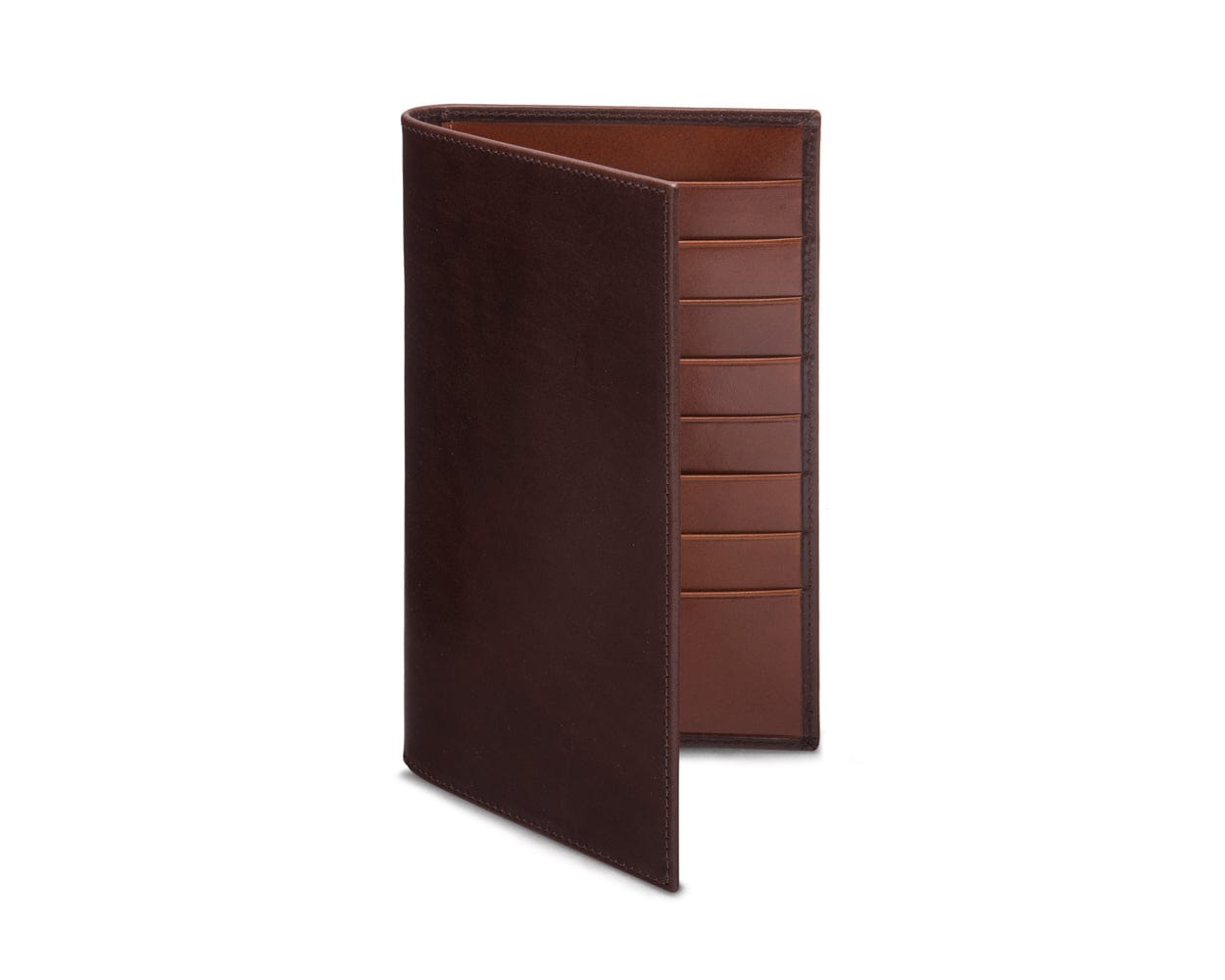 Tall leather suit wallet 16 CC, brown with tan, front