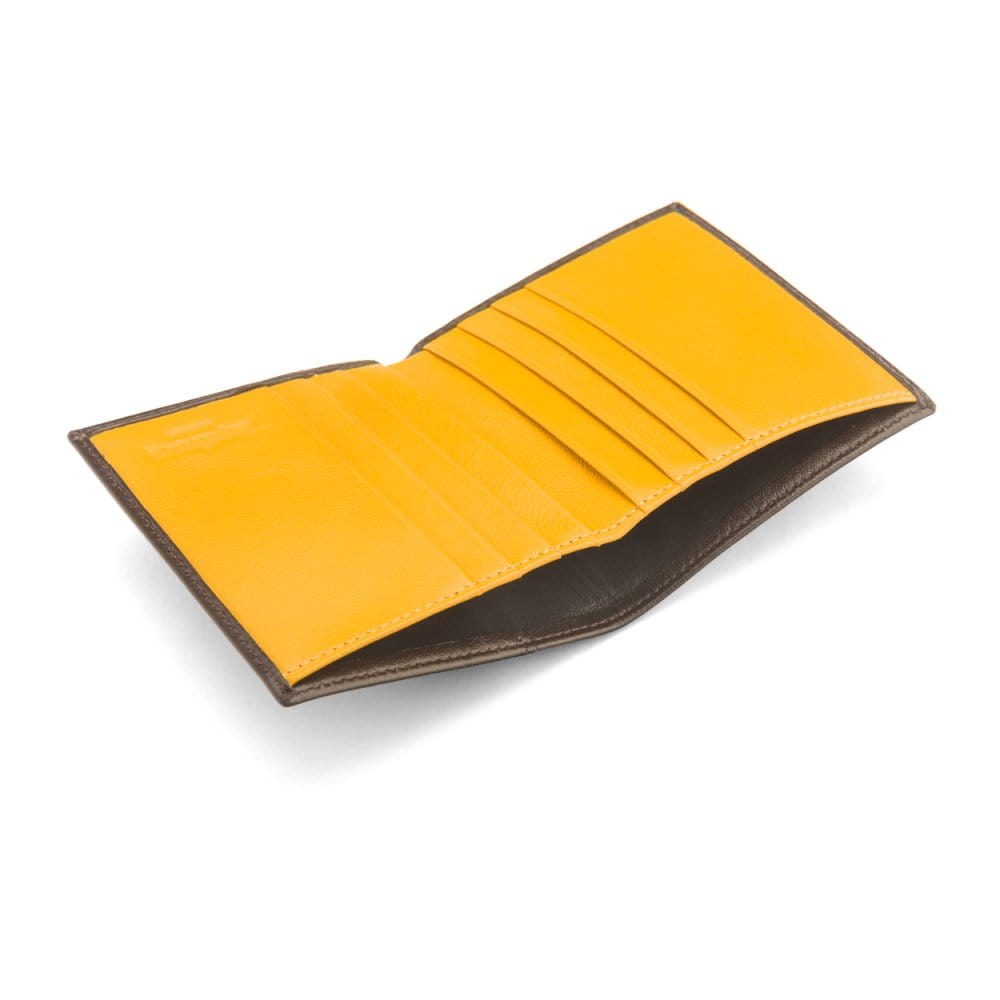 Leather compact billfold wallet 6CC, brown with yellow, inside