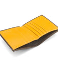 Leather compact billfold wallet 6CC, brown with yellow, inside