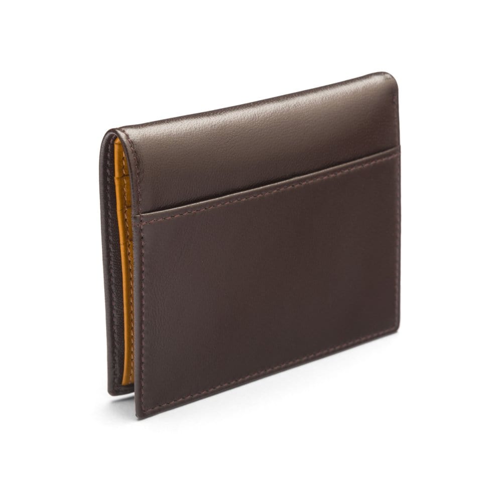 Leather compact billfold wallet 6CC, brown with yellow, back