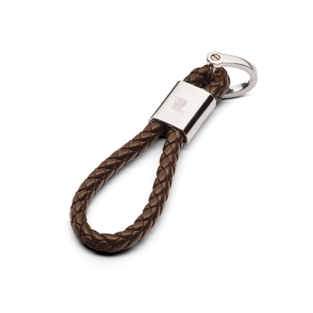 Woven leather key fob, brown, front