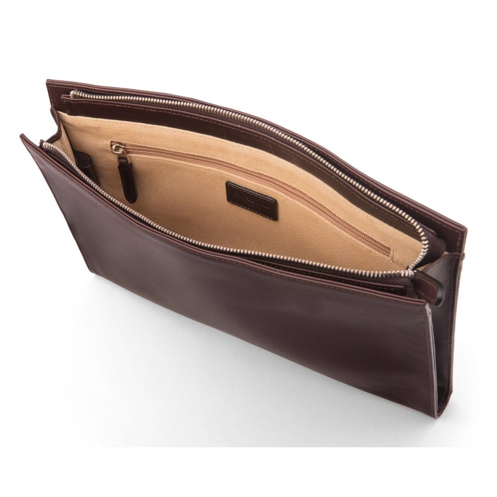 Zip top leather folder, brown, inside view