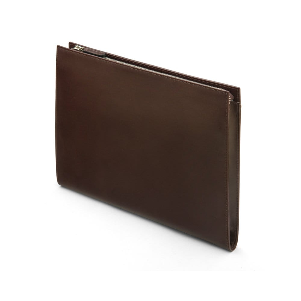 Zip top leather folder, brown, side view
