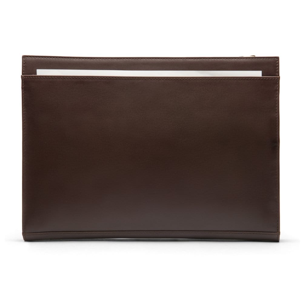 Zip top leather folder, brown, front view