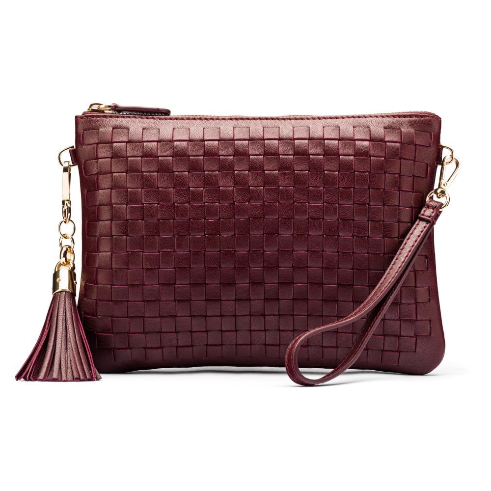 Leather woven cross body bag, burgundy, front view