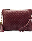 Leather woven cross body bag, burgundy, front view