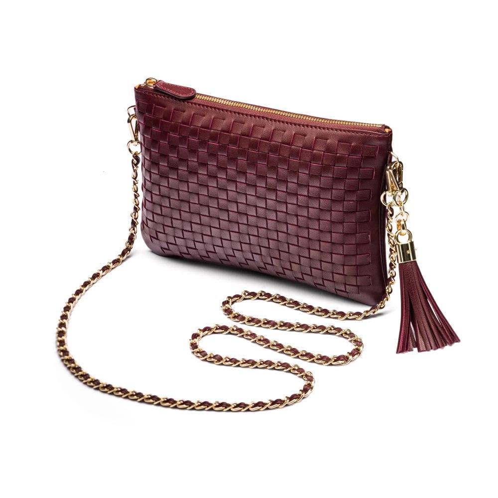Leather woven cross body bag, burgundy, with chain strap