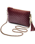 Leather woven cross body bag, burgundy, with chain strap