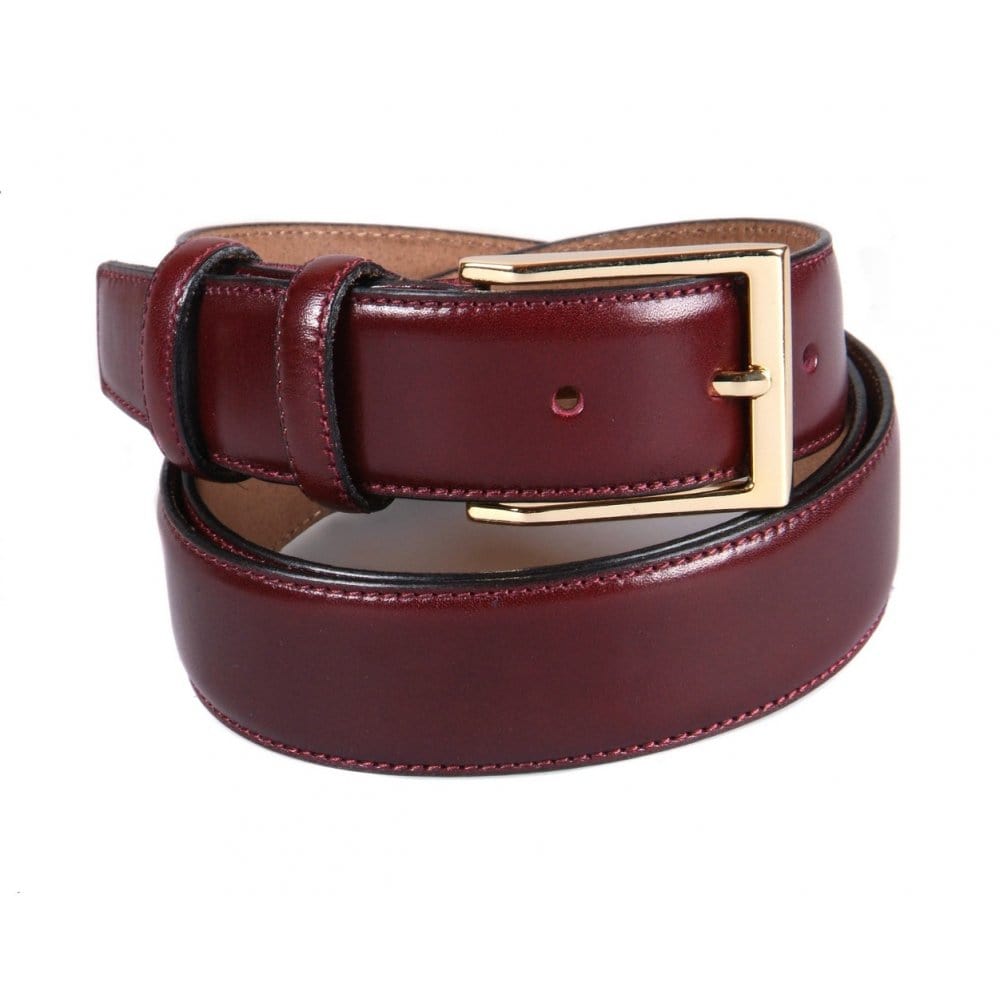 Leather belt with gold buckle, burgundy