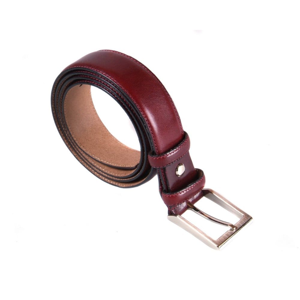 Leather belt with silver buckle, burgundy