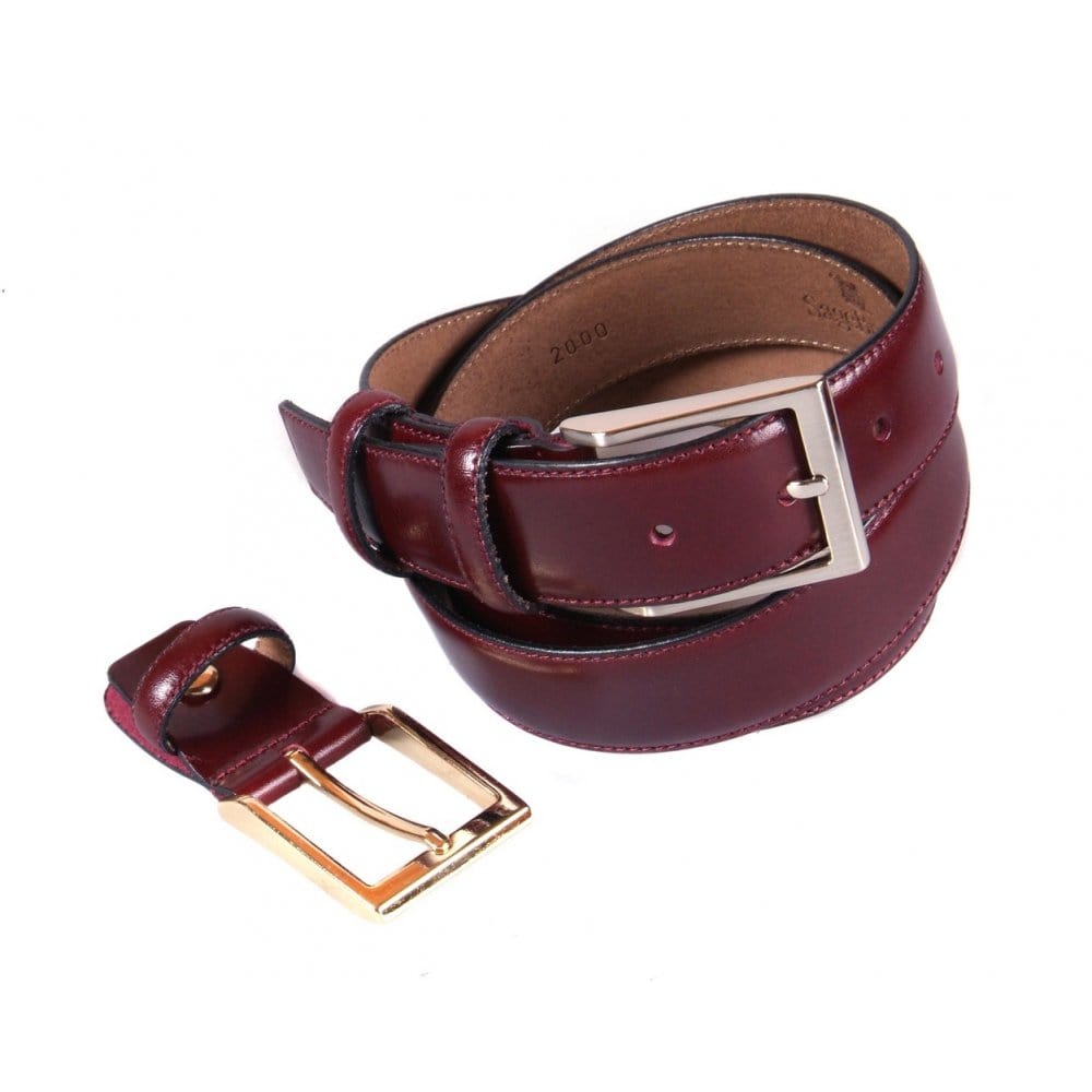 Leather belt with 2 buckles , burgundy