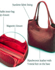 Woven leather shoulder bag, burgundy, features