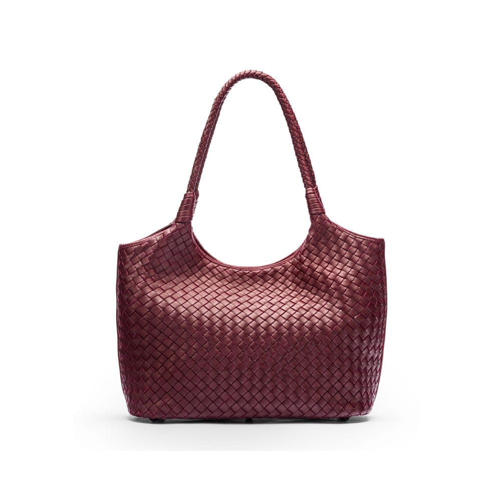 Woven leather shoulder bag, burgundy, front