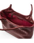 Woven leather shoulder bag, burgundy, open