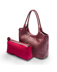 Woven leather shoulder bag, burgundy, with detachable inner bag