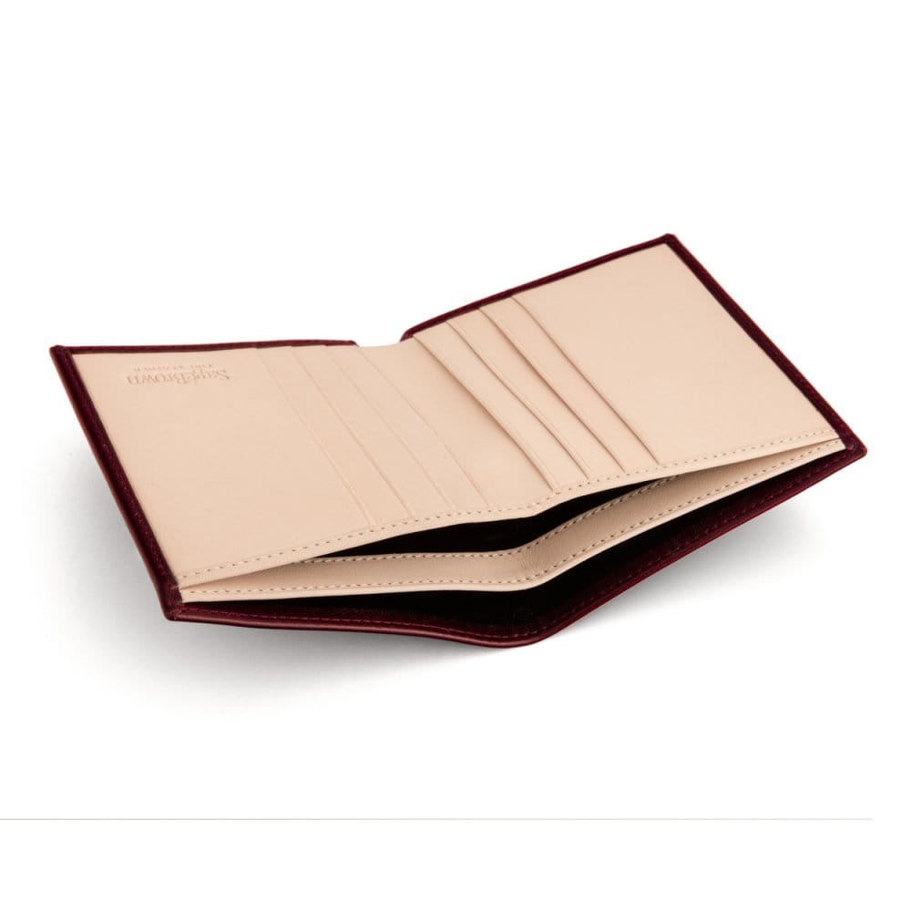 Bifold leather wallet with 6 credit cards, burgundy, inside