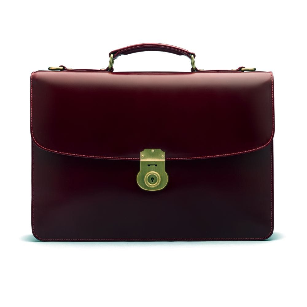Bridle hide briefcase with brass lock, Harvard, burgundy, front