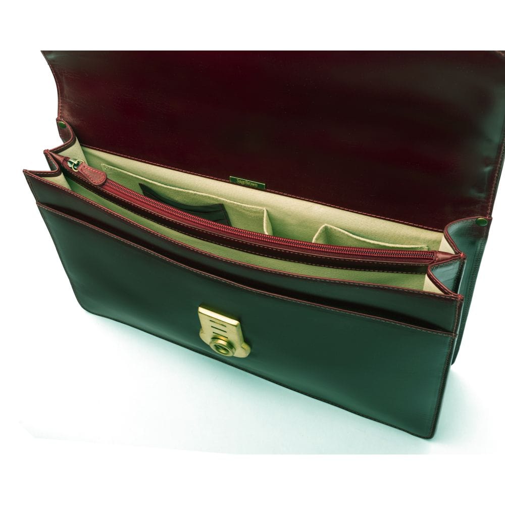 Bridle hide briefcase with brass lock, Harvard, burgundy, inside