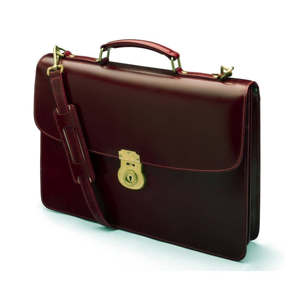 Bridle hide briefcase with brass lock, Harvard, burgundy, side