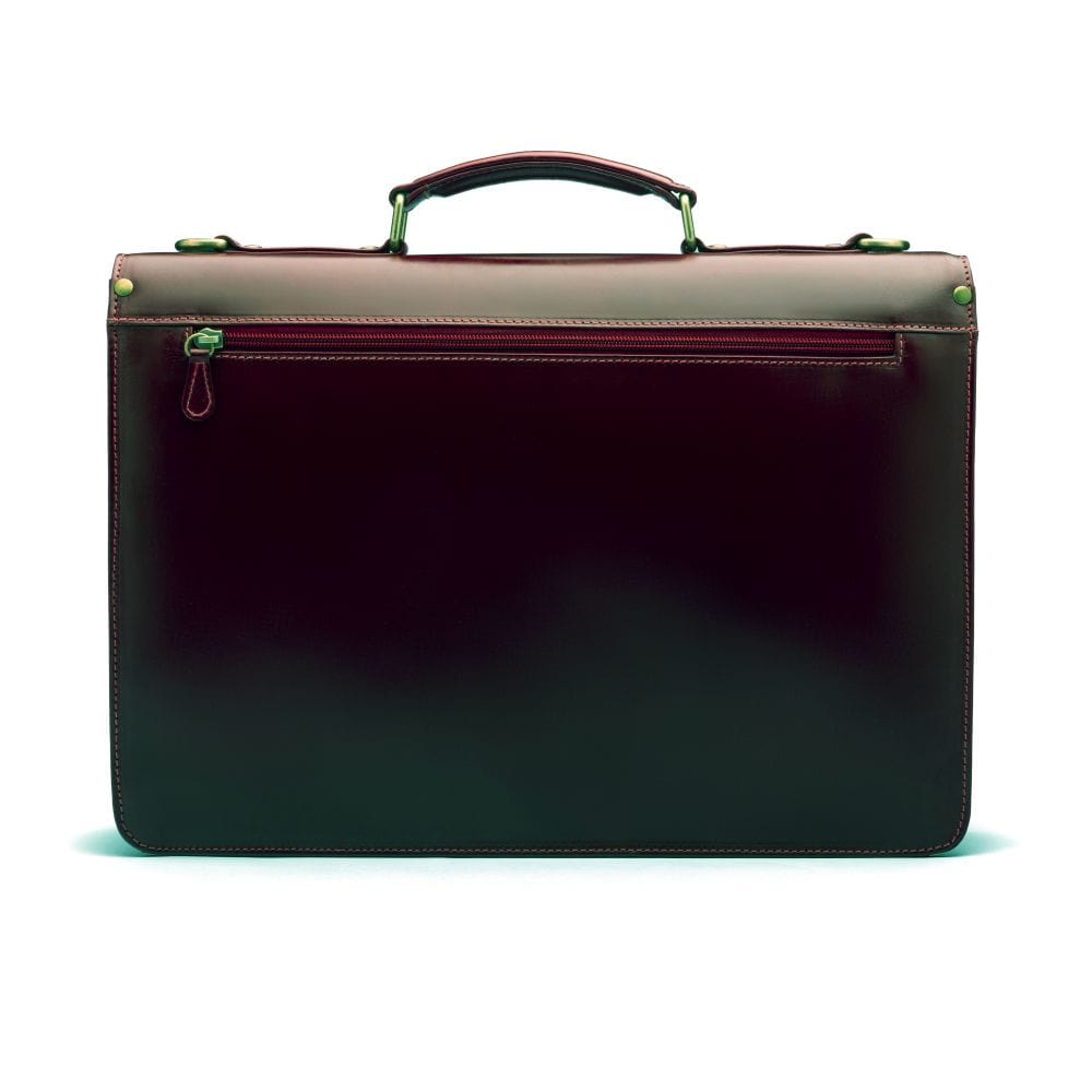 Bridle hide briefcase with brass lock, Harvard, burgundy, back