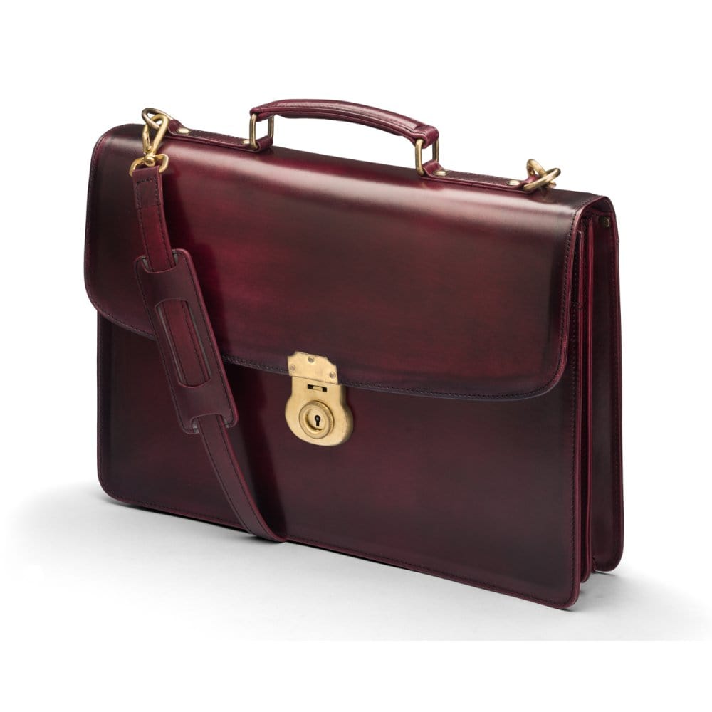 Burnished leather briefcase with brass lock, Harvard, burgundy, side