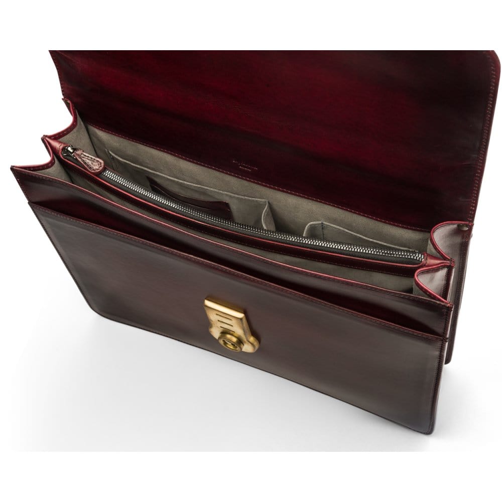 Burnished leather briefcase with brass lock, Harvard, burgundy, inside