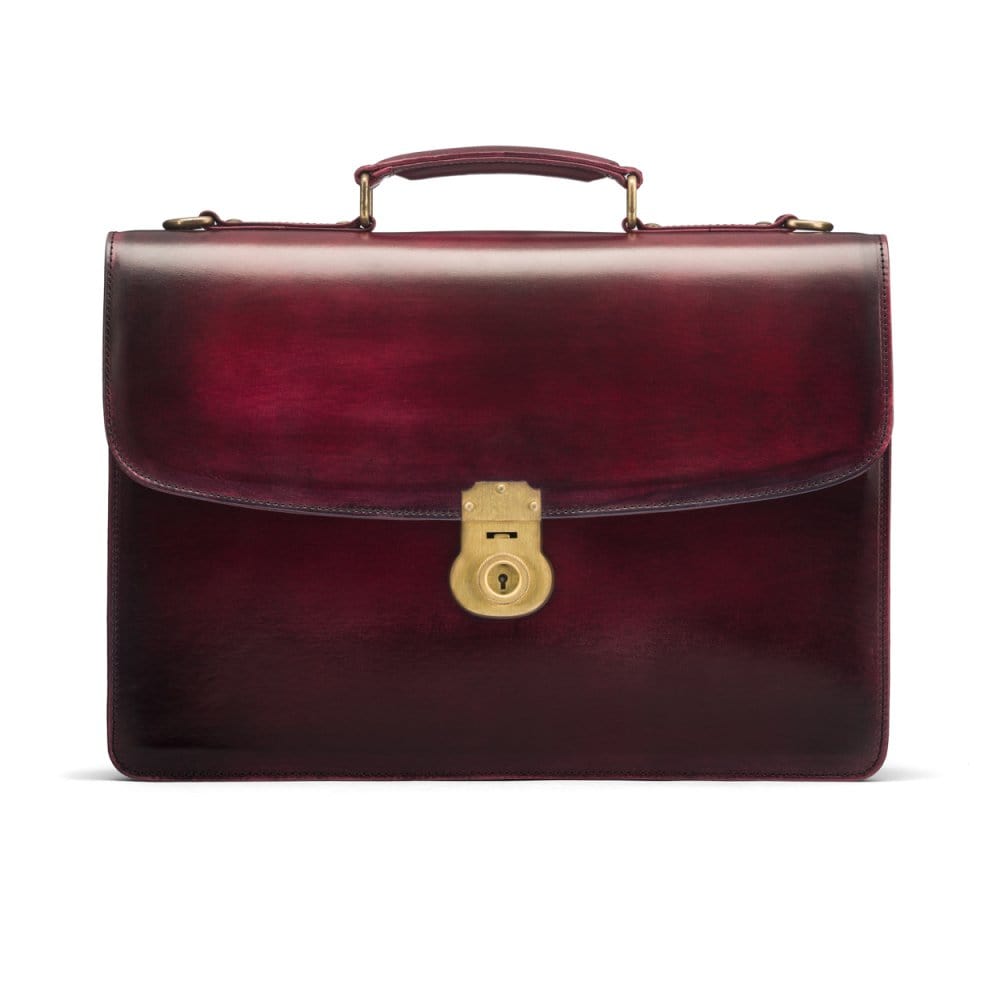 Burnished leather briefcase with brass lock, Harvard, burgundy, front