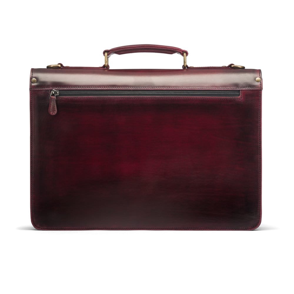 Burnished leather briefcase with brass lock, Harvard, burgundy, back