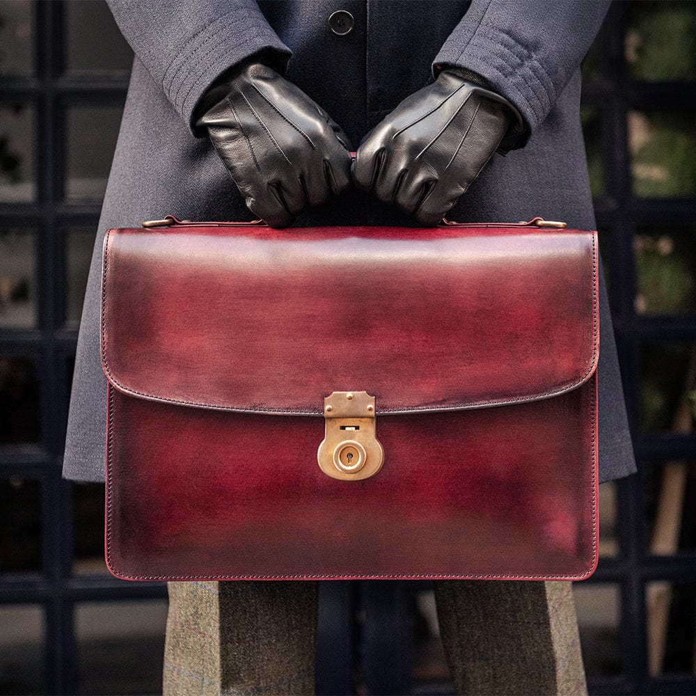 Burnished leather briefcase, burgundy, lifestyle