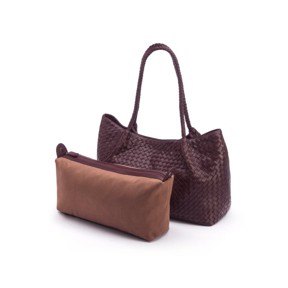 Woven leather slouchy bag, burgundy, with inner bag