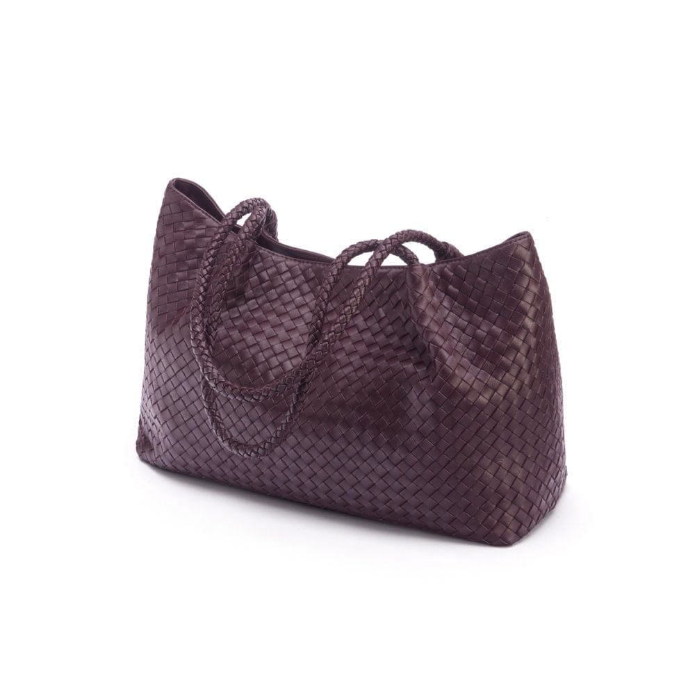 Woven leather slouchy bag, burgundy, side view