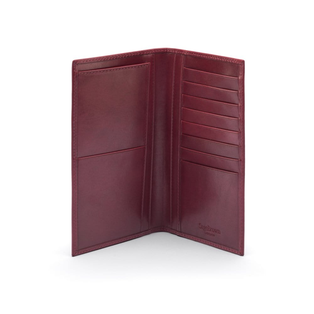 Tall leather wallet with 8 card slots, burgundy, open