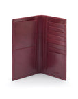 Tall leather wallet with 8 card slots, burgundy, open