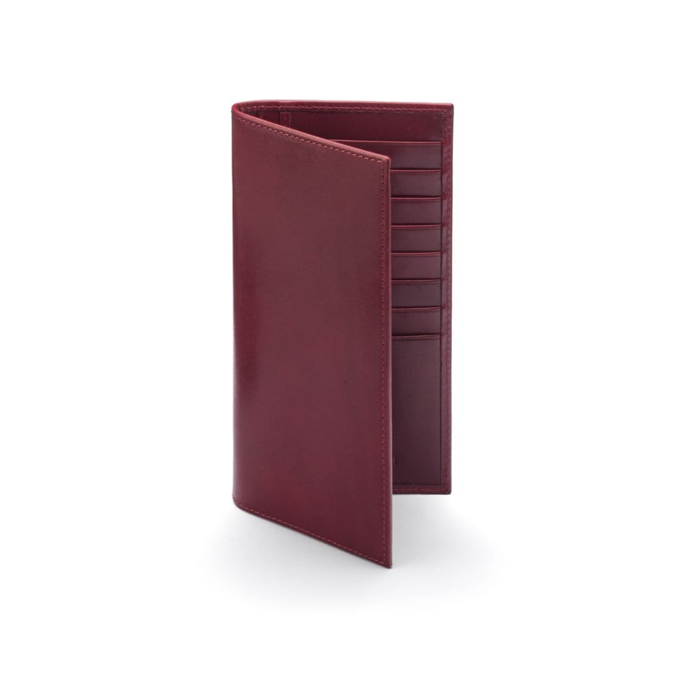 Tall leather wallet with 8 card slots, burgundy, front