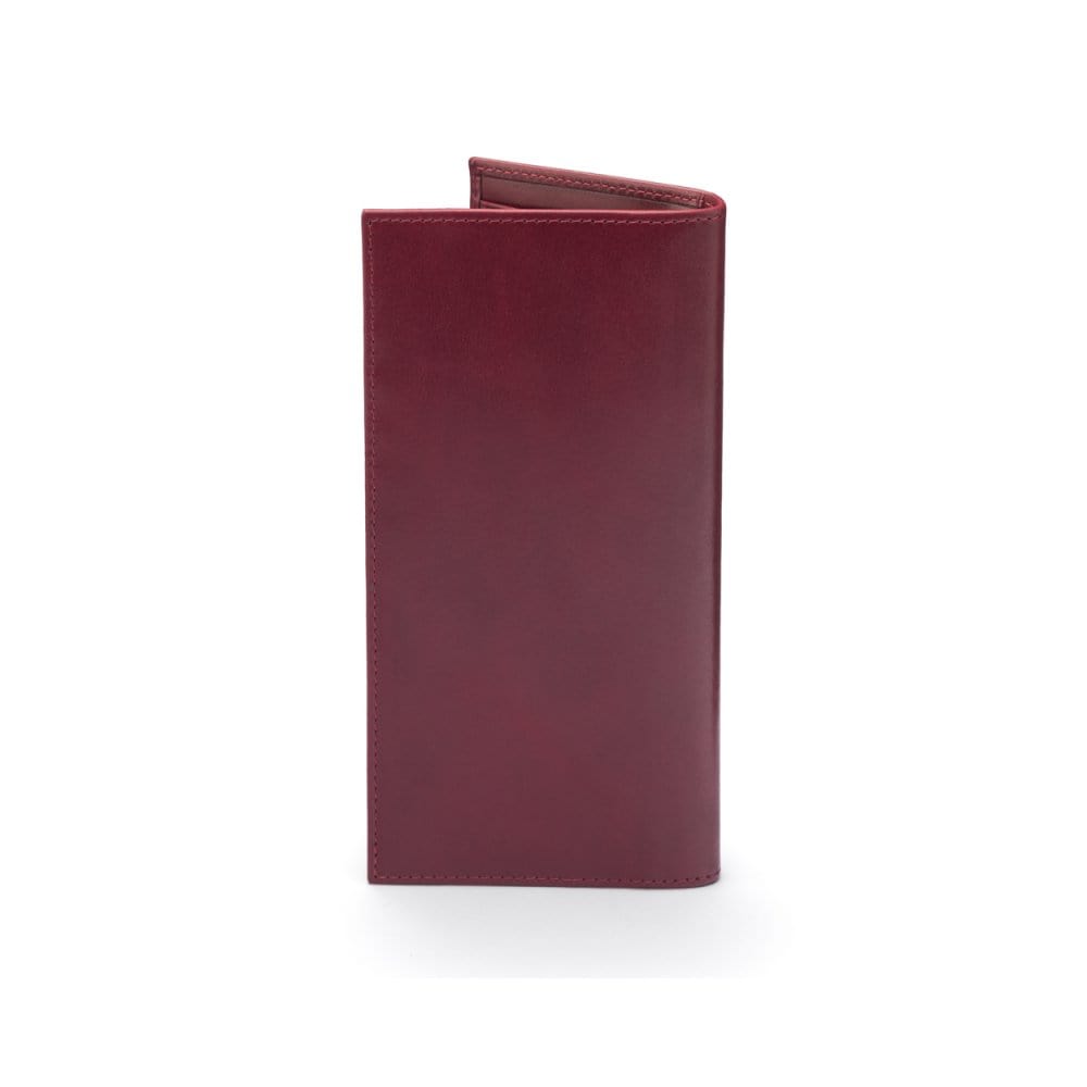Tall leather wallet with 8 card slots, burgundy, back
