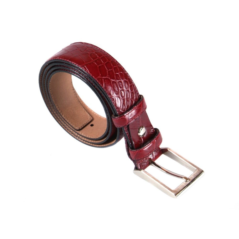 Leather belt with silver buckle, burgundy croc