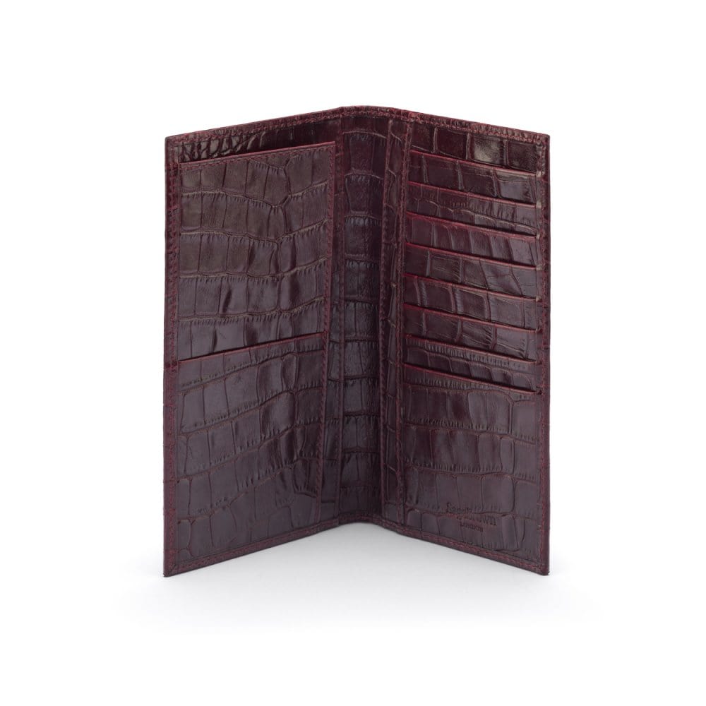 Tall leather wallet with 8 card slots, burgundy croc, open