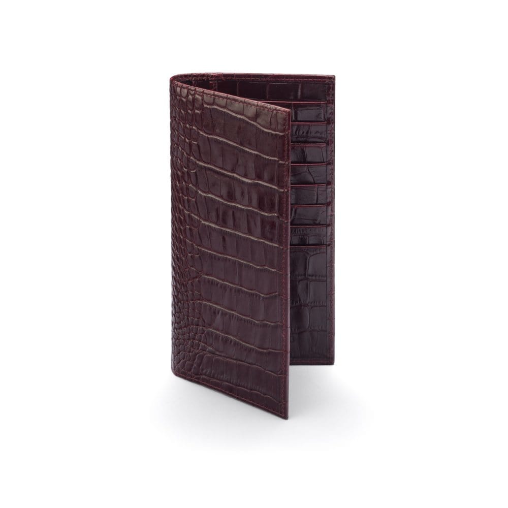 Tall leather wallet with 8 card slots, burgundy croc, front
