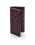 Tall leather wallet with 8 card slots, burgundy croc, front