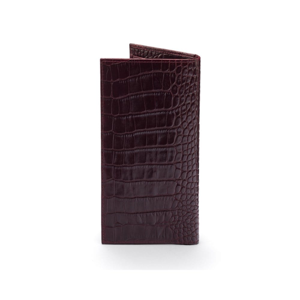 Tall leather wallet with 8 card slots, burgundy croc, back