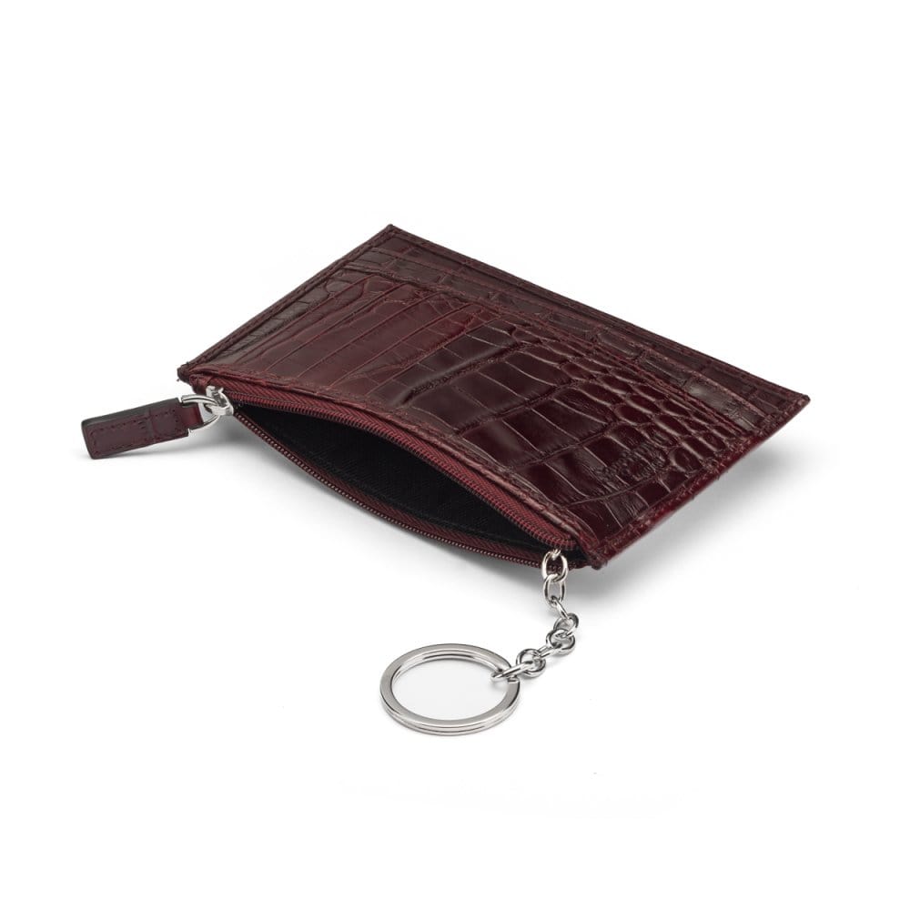 Flat leather card wallet with jotter and zip pocket, burgundy croc, open