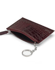 Flat leather card wallet with jotter and zip pocket, burgundy croc, open