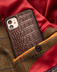 iPhone 11 protective leather back cover, burgundy croc, lifestyle