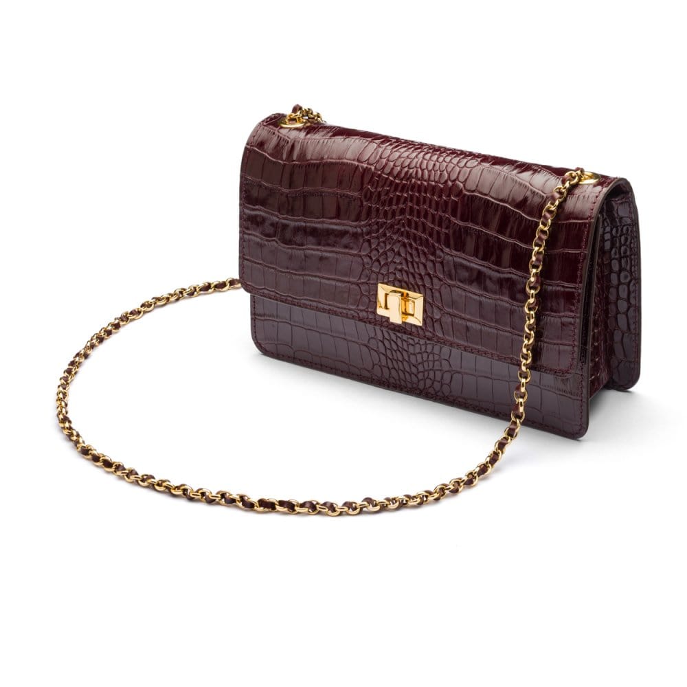 Leather chain bag, burgundy croc, side view