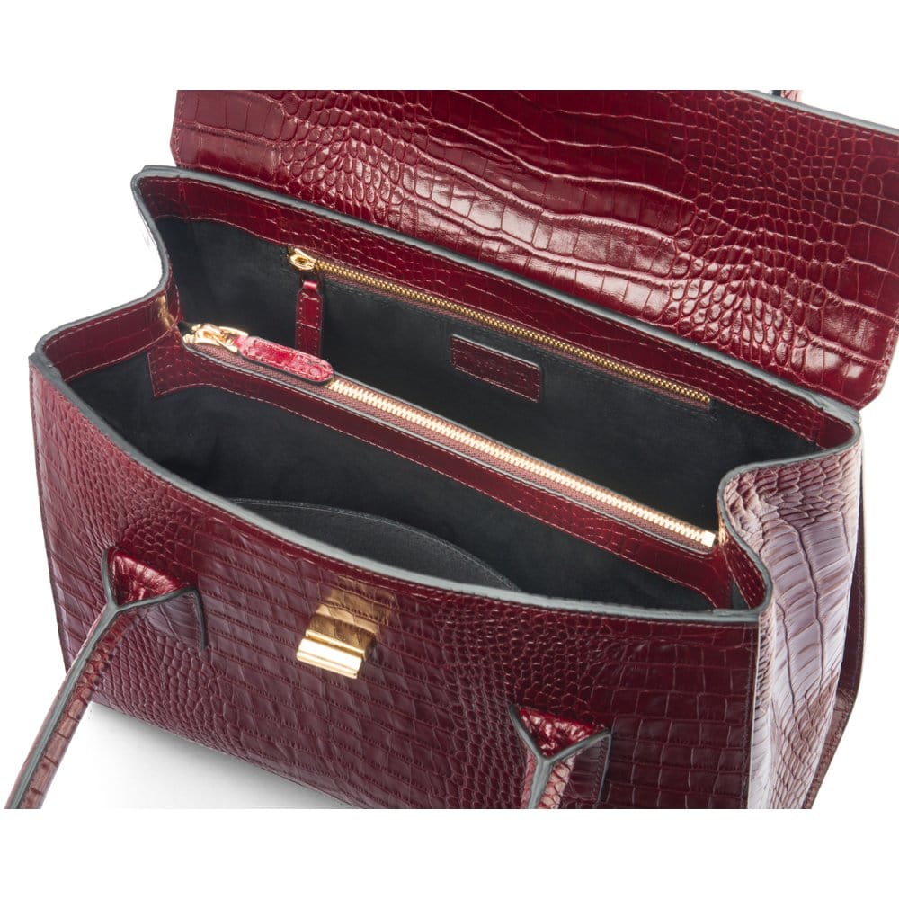 Large leather Morgan bag, burgundy croc, inside view