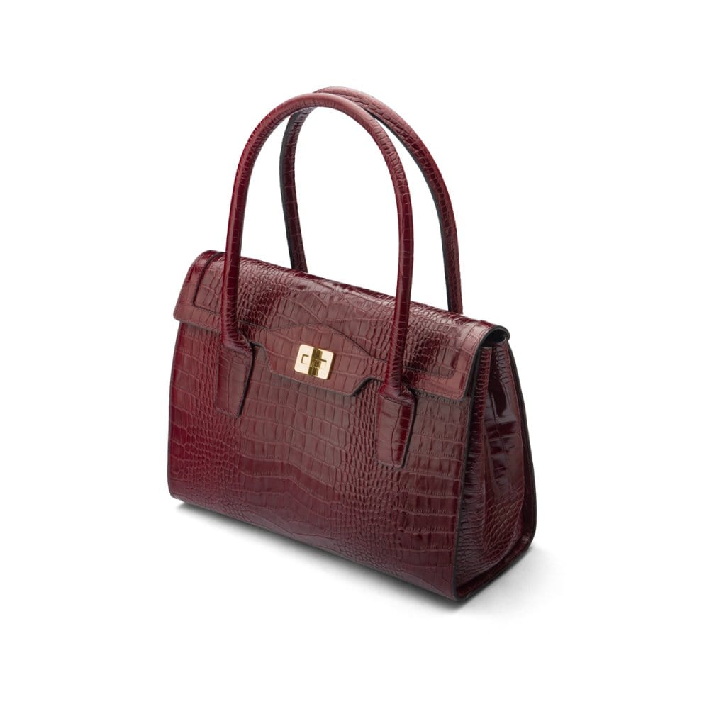 Large leather Morgan bag, burgundy croc, side view